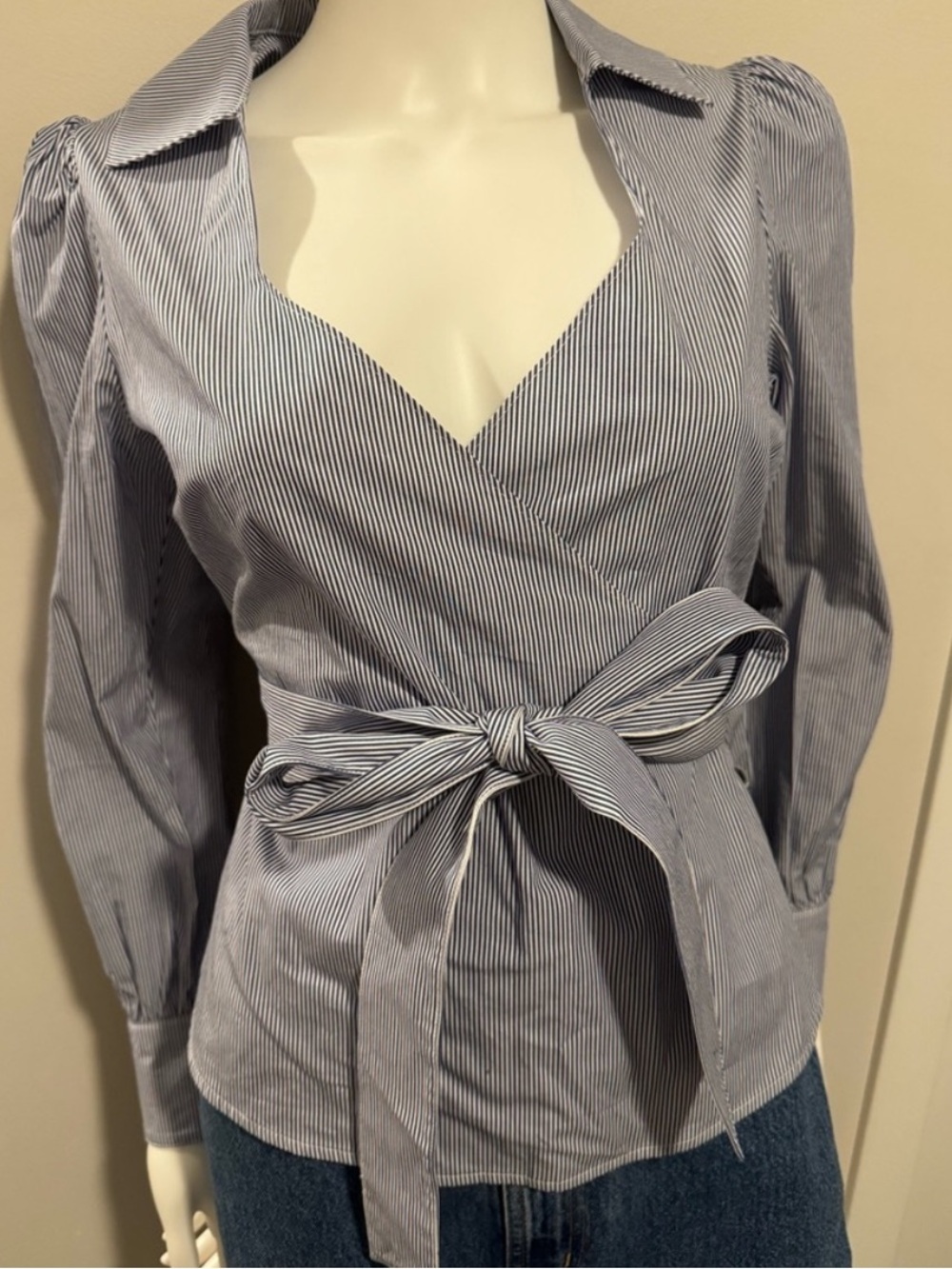 NWT Marissa Webb Mia Wrap Top in Blue Pinstripe Size XSmall